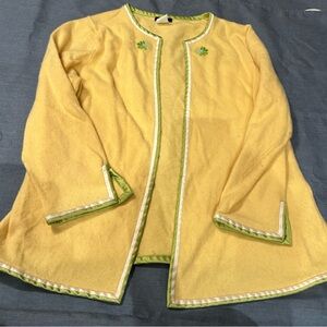 J. Crew Yellow Cashmere Cardigan with Satin Green Trim